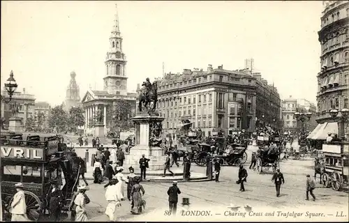 Ak London City England, Charing Cross and Trafalgar Square