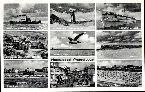Ak Wangerooge in Friesland, Westturm, Bahnhof, Fährschiff Arngast, Inselbahn, Strand