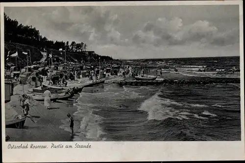 Ak Ostseebad Koserow auf Usedom, Strand, Brandung, Badegäste, Boote, Strandkörbe