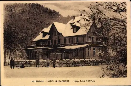 Ak Murbach Elsass Haut Rhin, Hotel St. Barnabé, Winteransicht