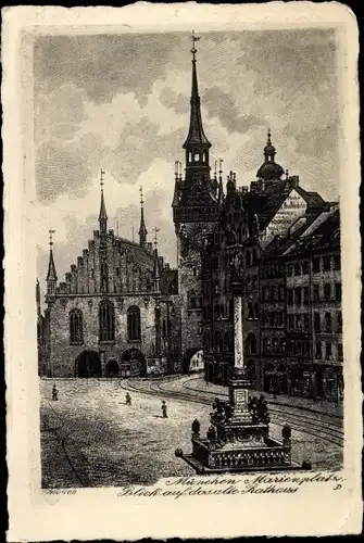 Künstler Ak München, Marienplatz, Rathaus