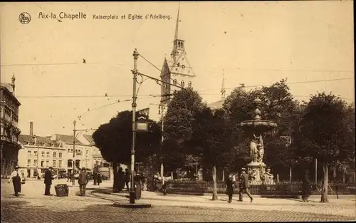 Ak Aachen in Nordrhein Westfalen, Kaiserplatz und St. Adalbertkirche, Kaiserbrunnen