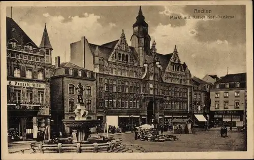 Ak Aachen Westfalen, Markt mit Kaiser Karl Denkmal, Laden von Wildt u. Baum