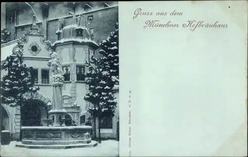 Mondschein Ak München, Münchner Hofbräuhaus, Brunnen, Winter