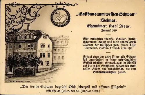 Künstler Ak Starcke, R., Weimar in Thüringen, Gasthaus zum weißen Schwan, Gedicht