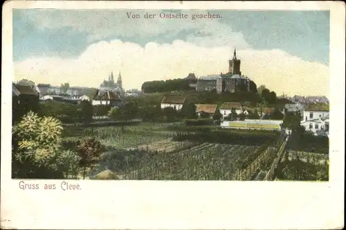 Ak Bad Cleve Kleve am Niederrhein, Panorama von der Ostseite gesehen, Kirchturm