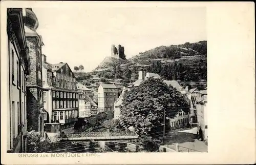 Ak Monschau Montjoie in der Eifel, Ortsansicht mit Ruine und Brücke