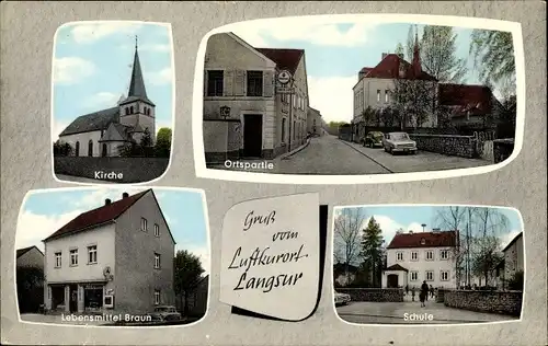Ak Langsur Rheinland Pfalz, Kirche, Ortspartie, Schule, Lebensmittel Braun