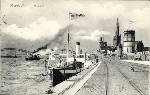 Ak Düsseldorf am Rhein, Rheinufer, Brücke, Dampfer