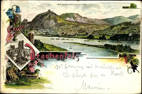 Litho Königswinter am Rhein, Drachenfels, Drachenburg