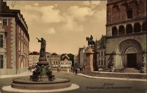 Ak Hansestadt Bremen, Wilhadibrunnen und Bismarckdenkmal