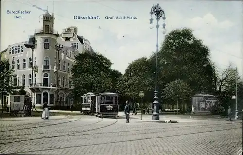 Ak Düsseldorf am Rhein, Europäischer Hof, Graf Adolf-Platz, Tram