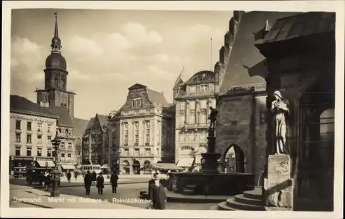 Ak Dortmund im Ruhrgebiet, Markt mit Rathaus und Reinoldikirche