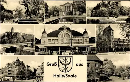 Ak Halle an der Saale, Hanse-Ring, Theater des Friedens, Moritzburg, Bahnhof, Giebichenstein, Wappen