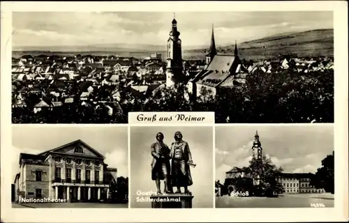 Ak Weimar in Thüringen, Panorama, Nationaltheater, Goethe- und Schillerdenkmal, Schloss