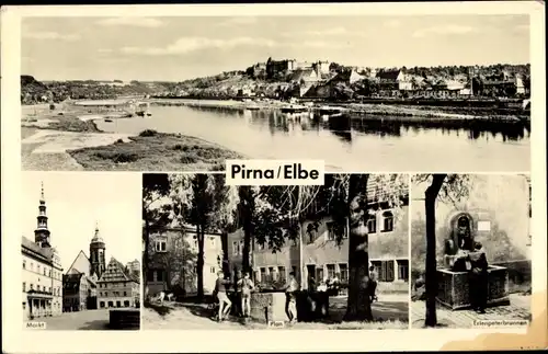 Ak Pirna in Sachsen, Panorama, Erlenpeterbrunnen, Markt, Plan