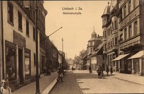 Ak Limbach Oberfrohna Sachsen, Helenenstraße mit Geschäften, Gustav Scheunert, Passanten