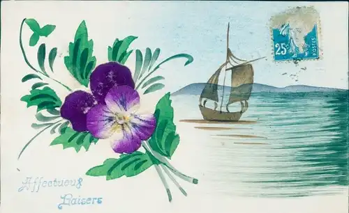 Stoff Ak Stiefmütterchen, Segelschiff, Kitsch