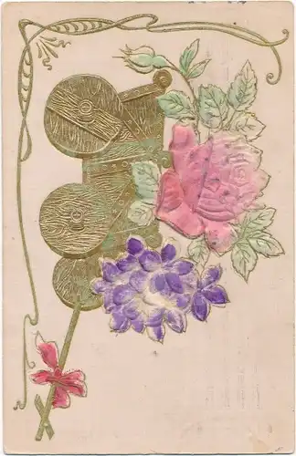 Präge Stoff Ak Rose, Veilchen, Hundekarre