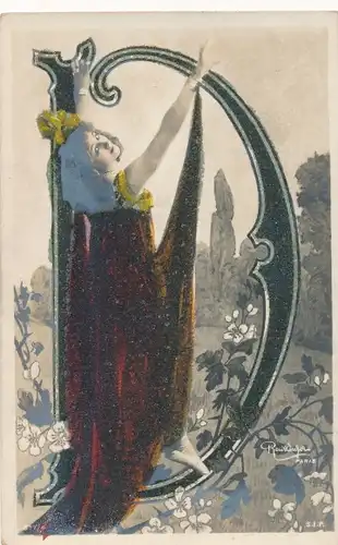Glitzer Buchstaben Ak Buchstabe D, Frau in rotem Kleid, Wiese, Blumen
