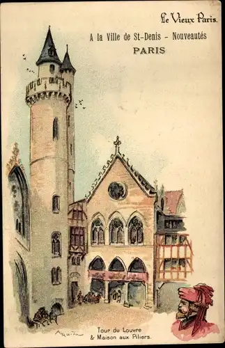 Künstler Litho Robida, Paris, Louvre-Turm, Haus der Säulen