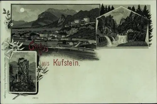 Mondschein Litho Kufstein in Tirol, Teufelskanzel, Sparchner Mühle, Totalansicht