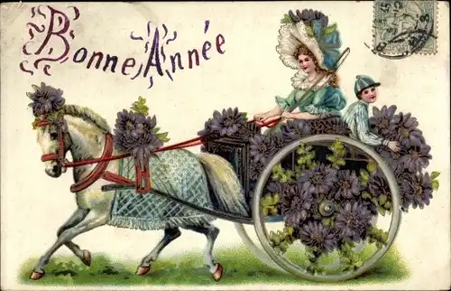 Präge Ak Glückwunsch Neujahr, Kutsche, Blumen, Pferd