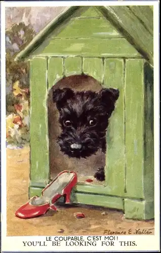 Künstler Ak Valler, F. E., Schwarzer Hund in der Hundehütte, Roter Schuh