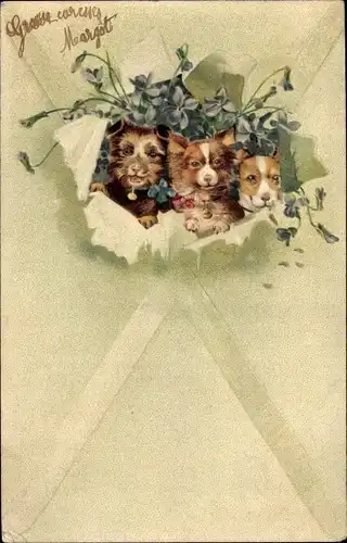 Präge Litho Hunde schauen durch ein Loch, Blumen