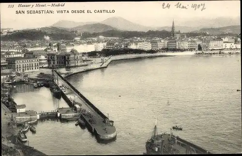 Ak Donostia San Sebastian Baskenland, Stadt vom Schloss gesehen