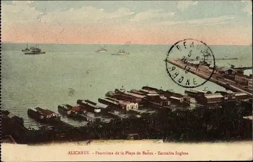 Ak Alicante Valencia Spanien, Strand mit Badeanstalten, Englische Flotte