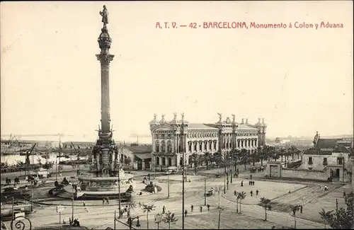 Ak Barcelona Katalonien Spanien, Columbus Denkmal, Zollgebäude