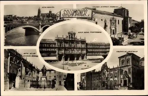 Ak Salamanca Kastilien und León, Ayuntamiento, Hochschulen, Platz, Denkmal, Brücke
