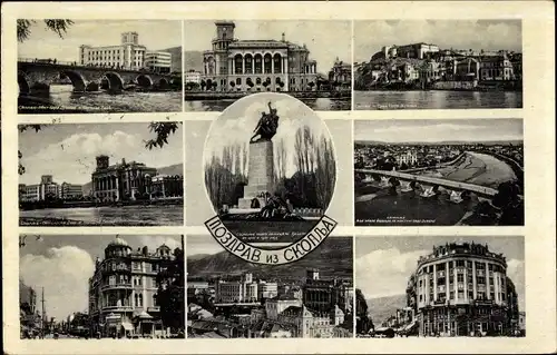 Ak Skopje Mazedonien, Denkmal, Brücke, Fluss, Amtsgebäude