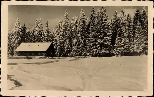 Künstler Ak Tschechien, Waldhütte, Wald, Winterszene, Schnee