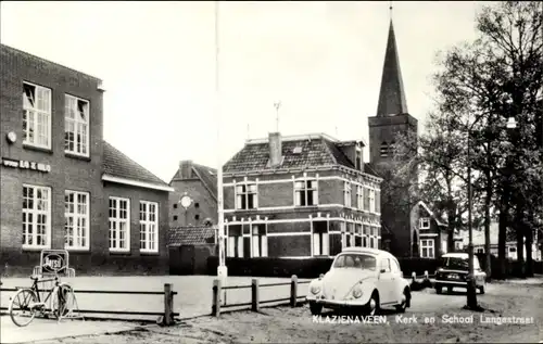 Ak Klazienaveen Drenthe, Kirche, Schule, Langestraat, VW Käfer, Reklame Persil