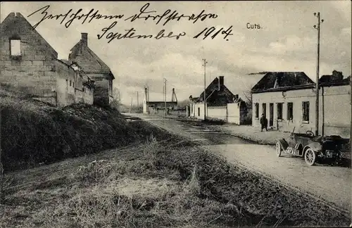Ak Cuts Oise, Zerschossene Dorfstraße, September 1914