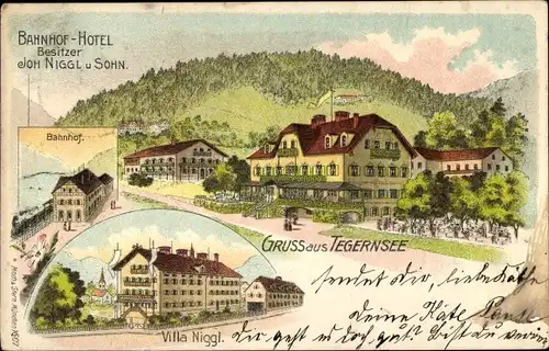 Litho Tegernsee in Oberbayern, Bahnhof Hotel, Bahnhof, Villa Niggl