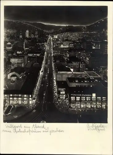 Ak Stuttgart in Württemberg, Panorama, Blick vom Bahnhofsturm bei Nacht