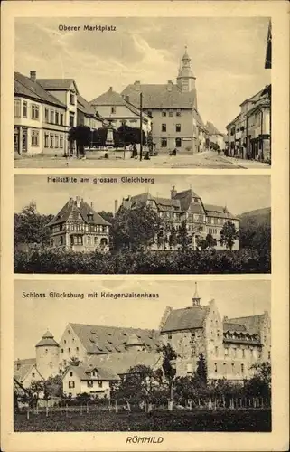 Ak Römhild in Thüringen, Oberer Marktplatz, Heilstätte, Schloss Glücksburg, Kriegerwaisenhaus
