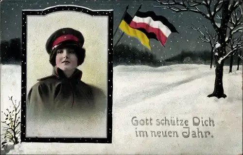 Ak Glückwunsch Neujahr, Frau in Uniform, Fahnen, Schnee