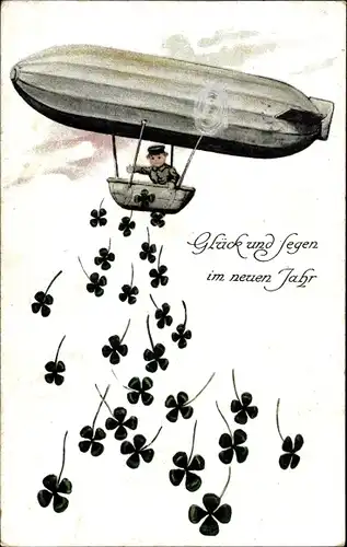 Ak Glückwunsch Neujahr, Soldat wirft Kleeblätter aus Zeppelin