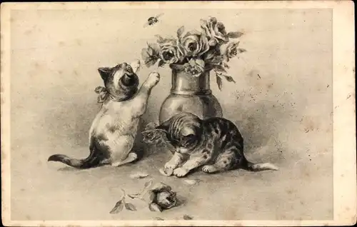 Ak Zwei junge Katzen, Blumenvase mit Rosen, Biene
