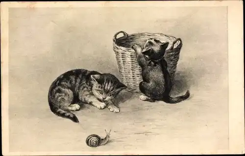 Ak Zwei junge Katzen, Korb, Schnecke
