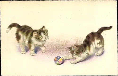 Ak Zwei junge Katzen spielen mit einem Ball
