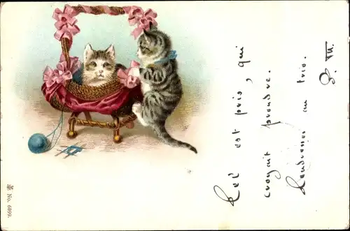 Litho Zwei junge Katzen, Korb, Wollknäuel