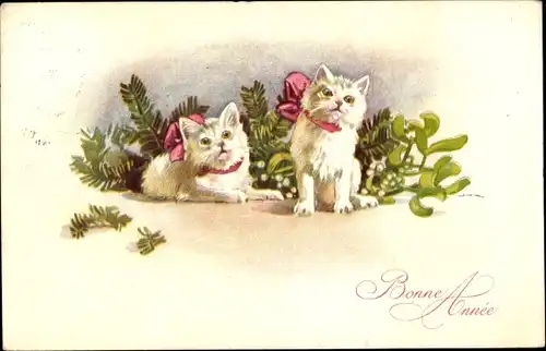 Ak Glückwunsch Neujahr, zwei weiße Katzen, Mistelzweige, Tannenzweige