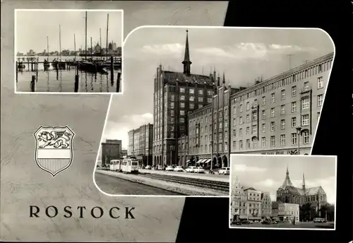 Ak Hansestadt Rostock, Wappen, Gebäude, Straßenbahn, Boote