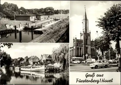 Ak Fürstenberg an der Havel, Schleuse, Kirche, Schiff