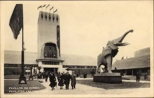 Ak Brüssel, Weltausstellung 1935, Pavillon Kongo, Elefant, Besucher